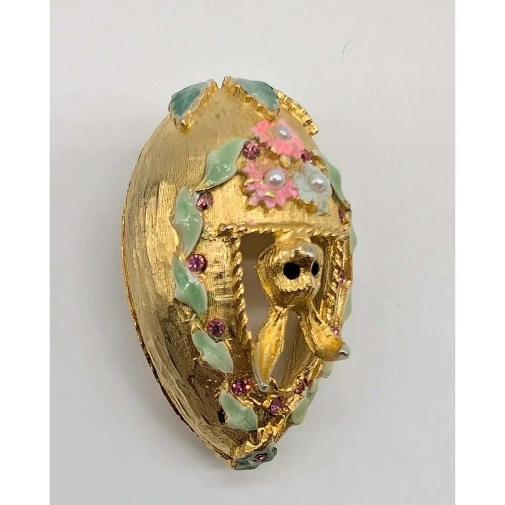 Vtg Mylu Easter Egg Bunny Brooch Pin Rhinestone Enamel Gold Tone